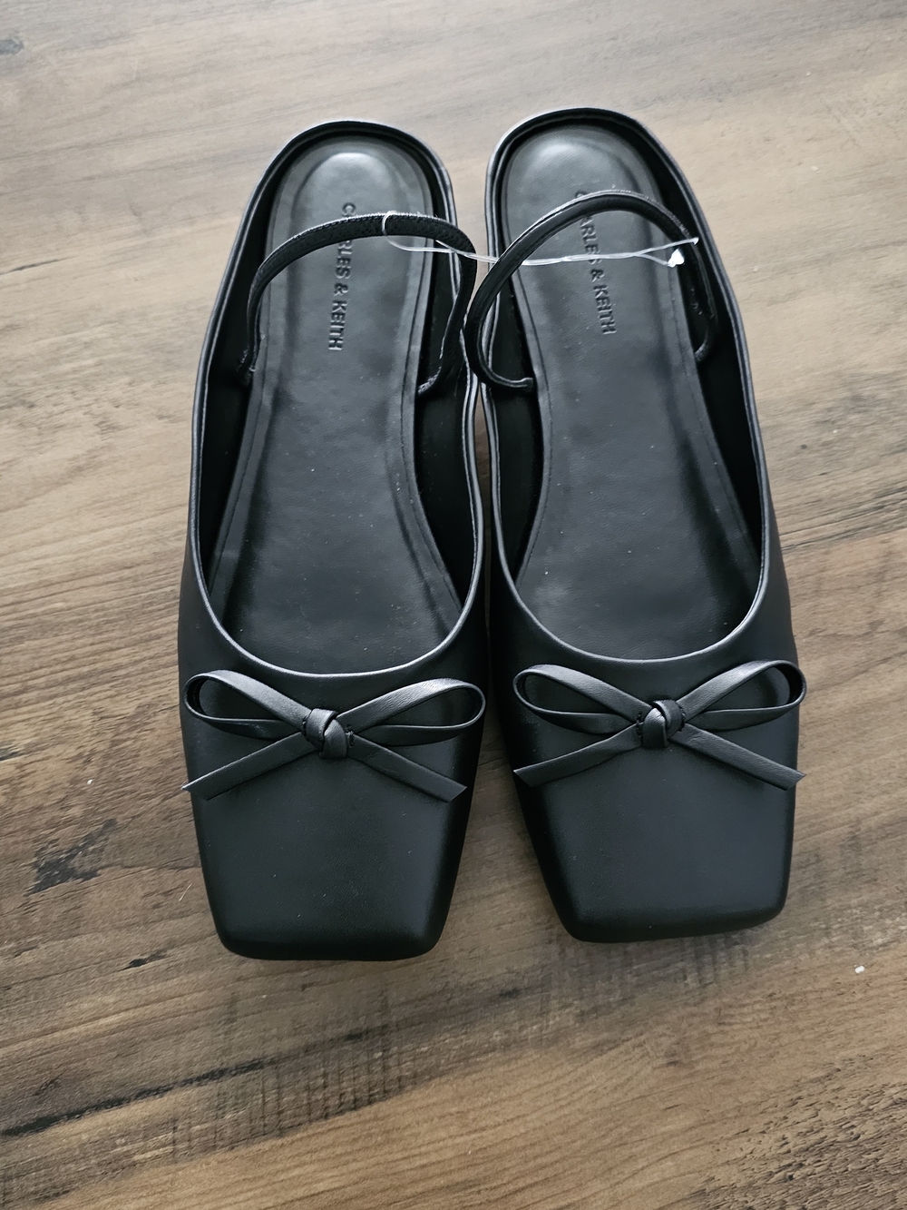 Charles & Keith Black Square-Toe Slingback Flats with Bow Accent